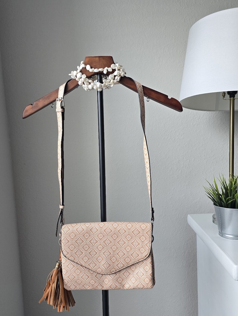 Boho Geometric Crossbody Bag Nude Tan Tassel Purse